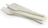 Biodegradable and compostable cutlery set: knife, fork (made from BioPlastic) and serviette